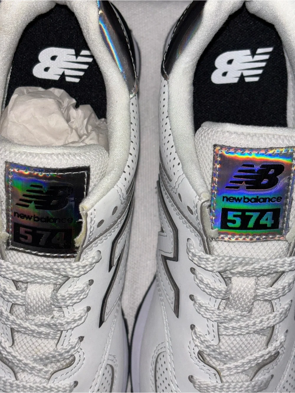 New Balance 574 Women’s White Sneakers in Light Gray and Black Accents